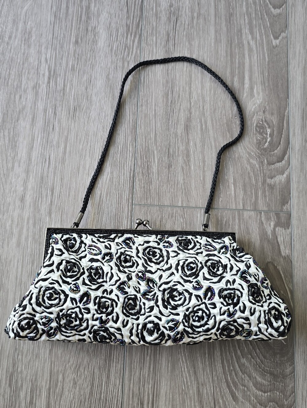 Lancome Black White Beaded Rose Floral Evening Bag Clutch Kiss Lock Crossbody